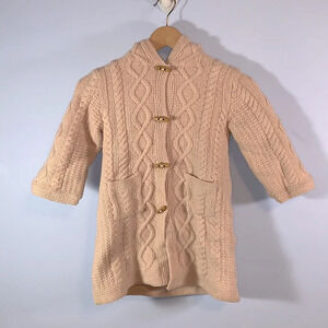 Bonpoint merino wool hooded sweater jacket coat  cable knit baby pink toggle